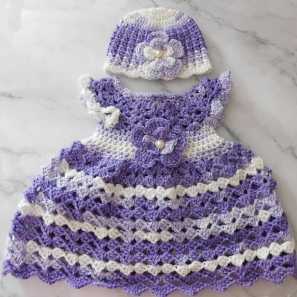 Crochet Baby Dress Handmade, Fits 0-3 Month, Baby Shower Gift, Flower Baby Dress